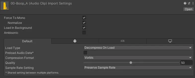 Ideal audio import settings for the audio clips.