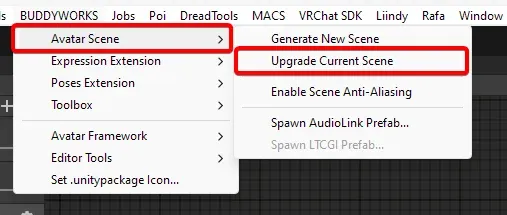 The current scene can be upgraded to Avatar Scene using the toolbar menu.