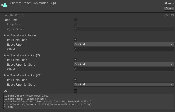 The ideal import-settings for the custom pose bank animation clip.